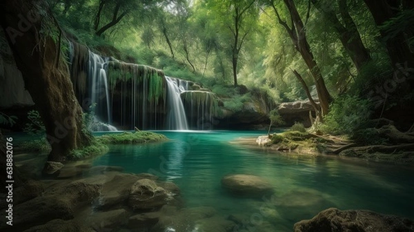 Fototapeta A picturesque lake encircled by rocks, featuring light turquoise and dark green hues, ethereal trees, incredibly beautiful, and meticulously detailed foliage. Generated AI.