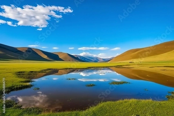 Fototapeta A picturesque lake encircled by rocks, featuring light turquoise and dark green hues, ethereal trees, incredibly beautiful, and meticulously detailed foliage. Generated AI.