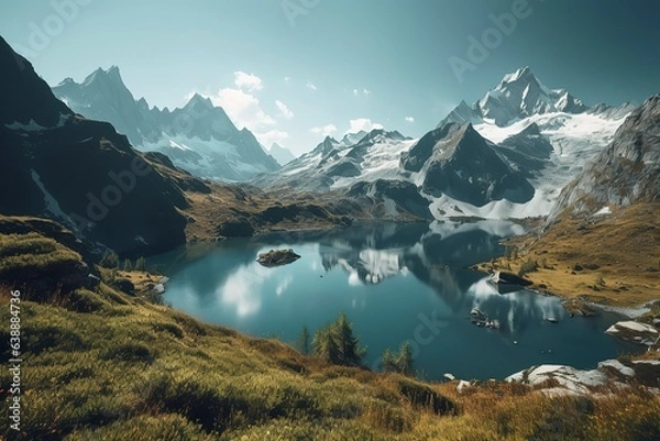 Fototapeta A picturesque lake encircled by rocks, featuring light turquoise and dark green hues, ethereal trees, incredibly beautiful, and meticulously detailed foliage. Generated AI.