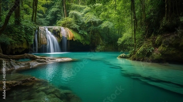 Fototapeta A picturesque lake encircled by rocks, featuring light turquoise and dark green hues, ethereal trees, incredibly beautiful, and meticulously detailed foliage. Generated AI.