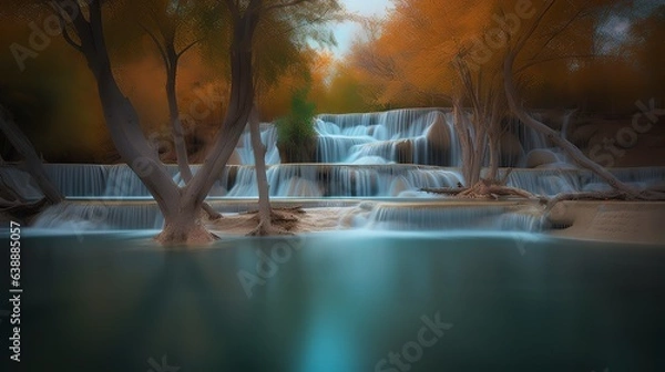 Fototapeta A picturesque lake encircled by rocks, featuring light turquoise and dark green hues, ethereal trees, incredibly beautiful, and meticulously detailed foliage. Generated AI.