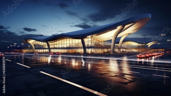 Fototapeta A modern airport characterized by its avant-garde and spacious architecture, optimized for traveler efficiency and comfort. Generative AI