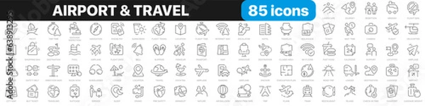 Obraz Airport and travel line icons collection. Flight, vacation, ticket icons. UI icon set. Thin outline icons pack. Vector illustration EPS10