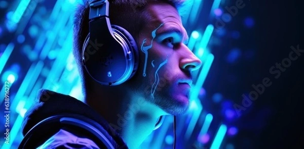 Fototapeta Professional Gamer in Headset on a Neon Blue Background with Space for Copy.