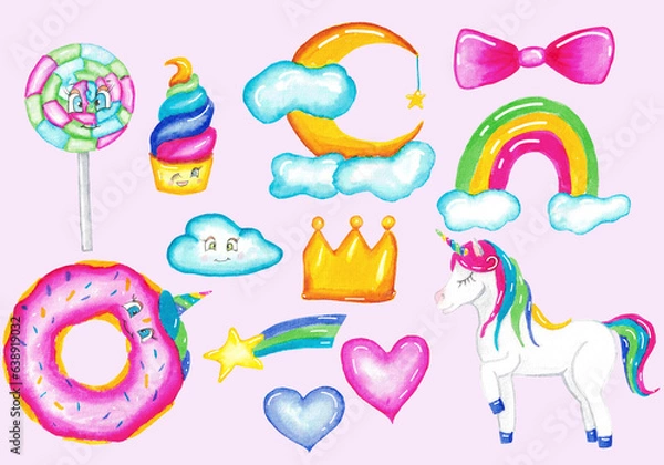 Obraz unicorn, watercolor set for girls. baby stickers, rainbow star heart. sweets, candy, donut, caramel on a stick, moon. 