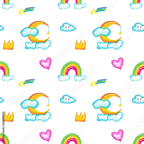 Obraz Moonlit night. children's watercolor pattern. moon and rainbow. textile print. background 