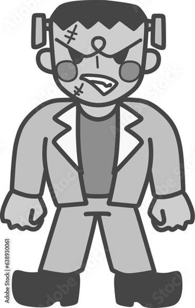 Fototapeta 可愛くデフォルメした怒っているフランケンシュタインのモノクロイラスト