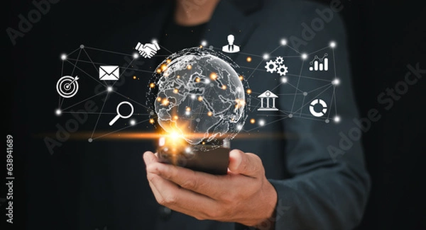 Fototapeta Businessman using mobile smart phone. Business global internet connection application technology and digital marketing, Financial and banking, Digital link tech, big data..