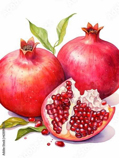 Fototapeta Watercolour Collection { No1 } Handmade Pomegranate Bio Products Made on Eco Farm: Pomegranates, Seamless Patter, Pomegranate Branch, Lemonade, Leaves, Circle & Heart Wreath, Isolated White Background