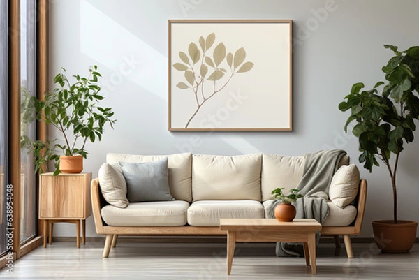 Fototapeta Warm and cozy composition of a spring living room interior with a mock-up poster frame, white sofa, green plant stand, plants, Stylish lamp. Home decor background.