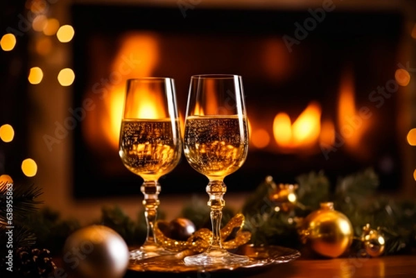 Obraz Sparkling wine, proseco or champagne in front of a fireplace on a holiday eve celebration, Merry Christmas, Happy New Year and Happy Holidays