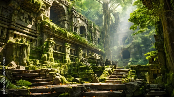 Fototapeta a lost overgrown temple in the jungle (Generative AI)
