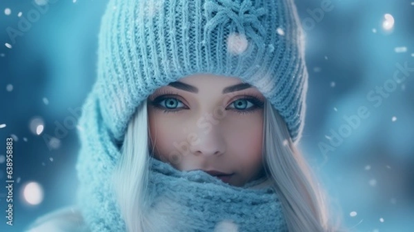 Fototapeta Beautiful portrait of a girl in winter. Generative AI
