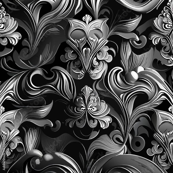 Fototapeta Seamless pattern with abstract floral ornament. Black and white.