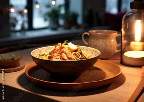 Fototapeta table setting featuring a large bowl of Ramen, accompanied by chopsticks and a traditional Japanese ceramic spoon, under warm ambient lighting