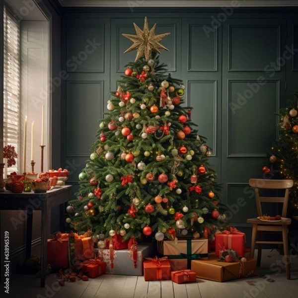 Fototapeta Christmas tree in a cozy room. Generative AI
