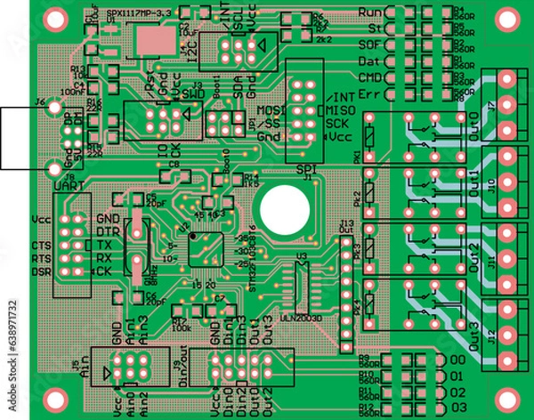 Fototapeta Vector printed circuit board of an electronic 
device with components of radio elements, 
conductors and contact pads placed on it. 
Engineering technical drawing. Electric background. Pcb pattern. 