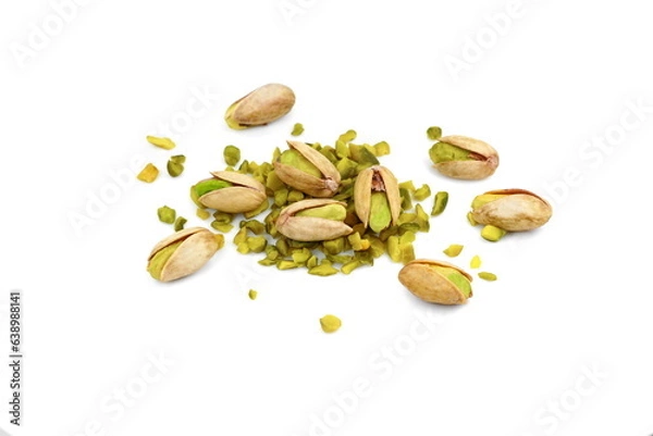 Fototapeta Ground, milled, crushed or granulated pistachio pile isolated on white background
