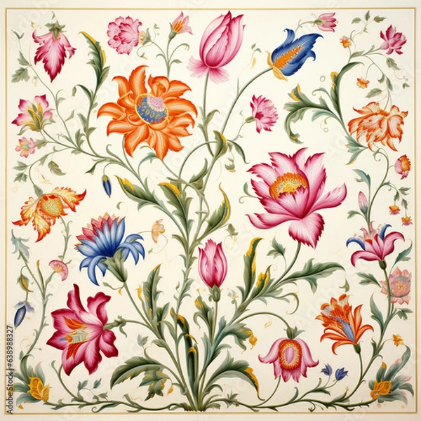 Fototapeta indian kurti front side abstract colorful mughal flower motif pattern black black background