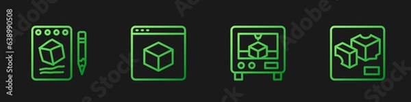 Fototapeta Set line 3D printer, Sketch on paper, and . Gradient color icons. Vector