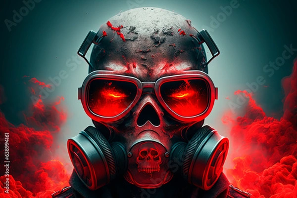 Fototapeta Doomsday. Last day on earth. Nuclear explosion. A skull wearing a gas mask and goggles. Generative AI