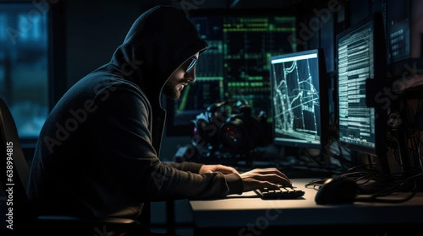 Fototapeta hacker working in the dark room