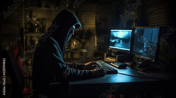 Fototapeta hacker working in the dark room