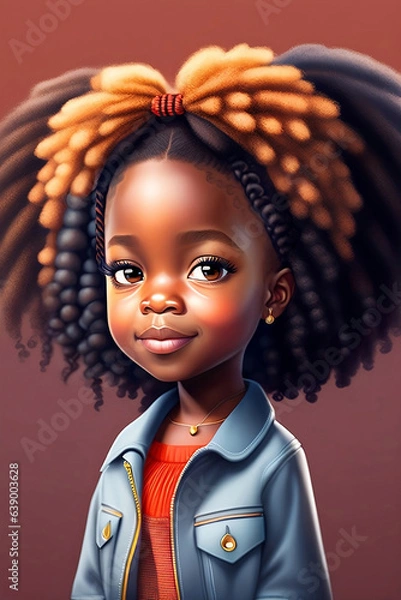 Obraz Portrait of a little black girl with beautiful Afro braids. Cute little african smiling girl. Funny, beautiful, little african american black girl with afro hairstyle. The image was created by AI.