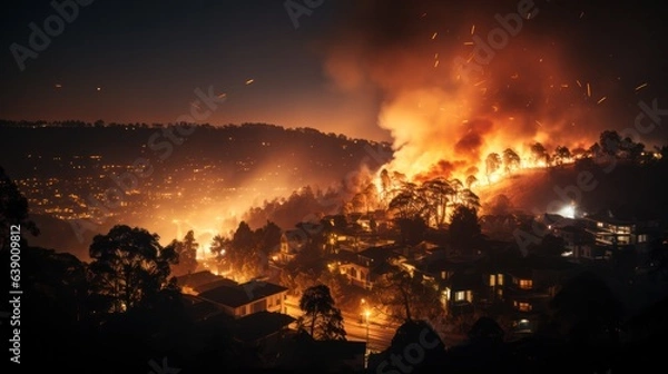 Fototapeta engulfed forest fires come close to the city and houses, environmental problems and disaster. 