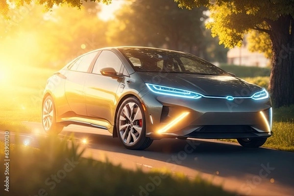 Fototapeta ev car with battery realistic render soft light. ai generative