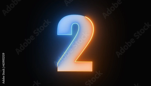 Fototapeta Bright number two, number 2, the best digital symbol, Alphabet made from Glowing Light. Neon light 3d alphabet character, 3d rendering,  Education concept