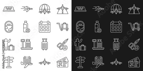 Fototapeta Set line Airline ticket, No scissors, Trolley baggage, Globe with flying plane, water bottle, Airplane window, Taxi car roof and Calendar and airplane icon. Vector