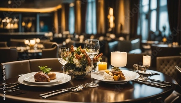 Fototapeta Luxury travel concept featuring fine dining in an exclusive fancy restaurant with exquisite cuisine and great service