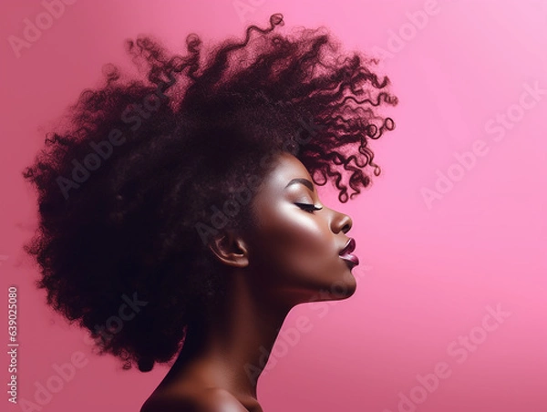 Obraz beautiful woman portrait with afro hair in profile smiling on pink background