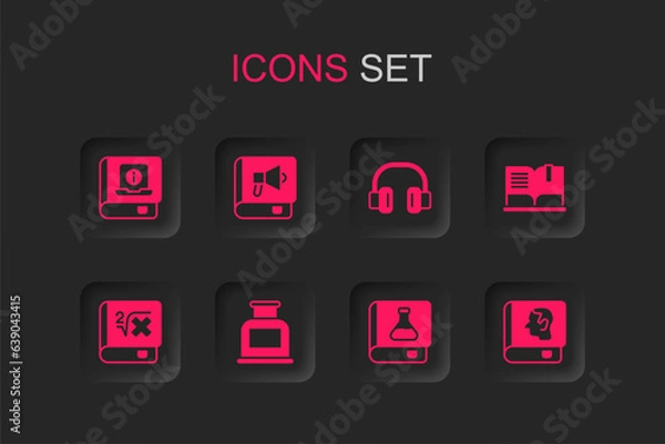 Fototapeta Set Inkwell, Book, User manual, Chemistry book, Open, Law, Headphones and with mathematics icon. Vector