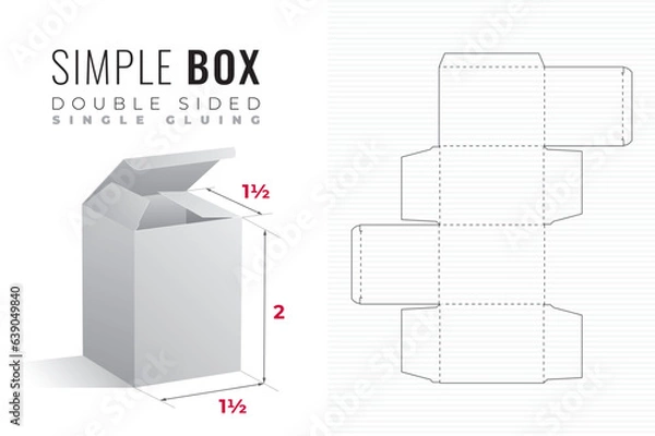 Fototapeta Double Sided Simple Packaging Box Die Cut One and a Half Length Double Height Template with 3D Preview - Black Blueprint Layout with Cutting and Scoring Lines - Draw Design