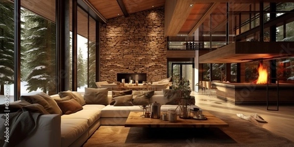 Fototapeta Chalet Cozy Interior and Fireplace. Modern Cottage Living Room Decor with Wood Wall and Furniture.