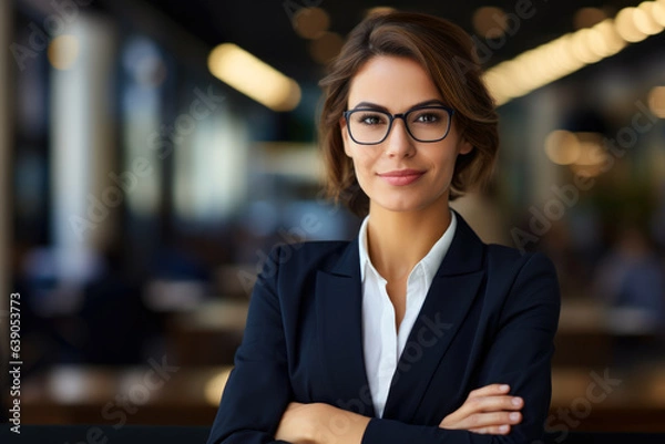 Fototapeta Confident and Sophisticated Businesswoman in a Modern Office: A Successful High-Achiever with Brown Hair, Brown Eyes, and Black-Framed Eyewear, Wearing a White Collared Shirt and Elegant Jacket