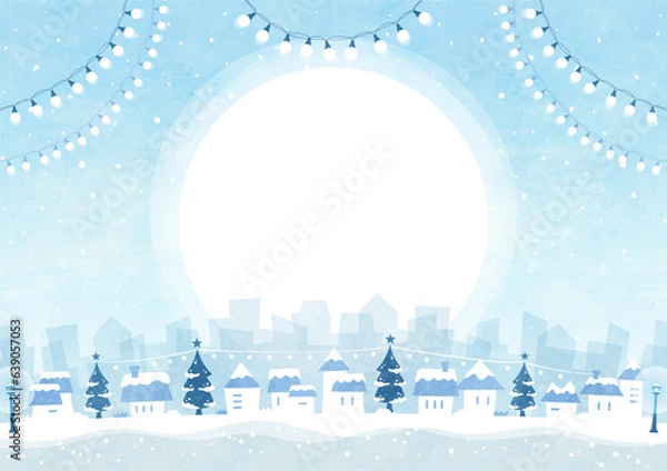 Obraz クリスマスの背景フレーム イルミネーションと雪の街の水彩風景イラスト