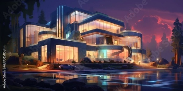 Fototapeta Modern mansion at night with bright lights illuminating the building created