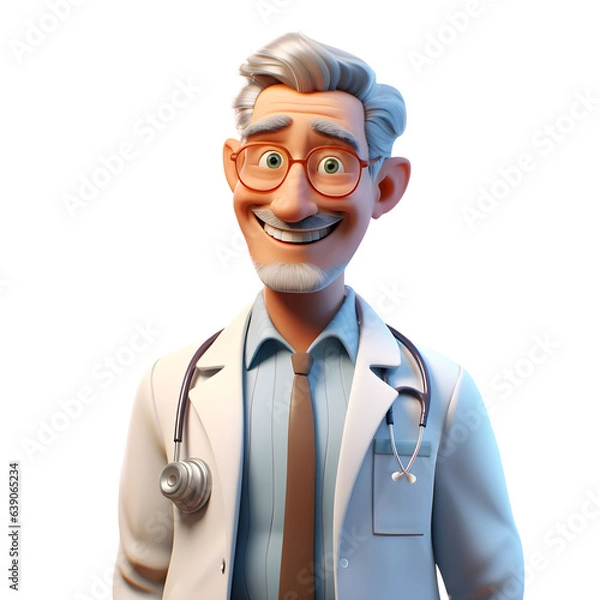 Obraz 3d Experienced doctor smiling at camera, Old Doctor character wearing white coat with stethoscope, isolated on transparent background, generative ai