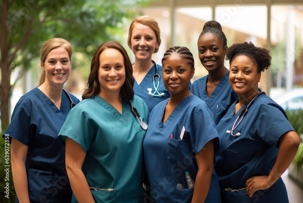 Obraz A group of nurses in a team photo. Professional healthcare services.