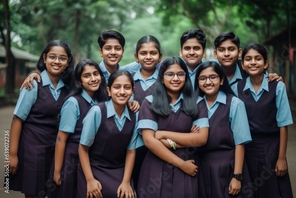 Obraz group of indian students in school uniform smiling and looking at camera