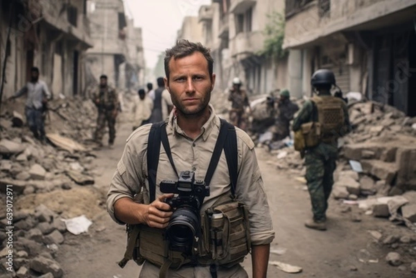 Fototapeta Group portrait photography of an intrepid journalist reporting from a conflict zone 