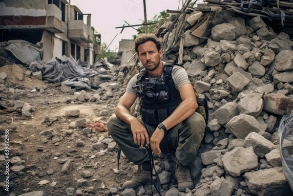 Fototapeta Group portrait photography of an intrepid journalist reporting from a conflict zone 