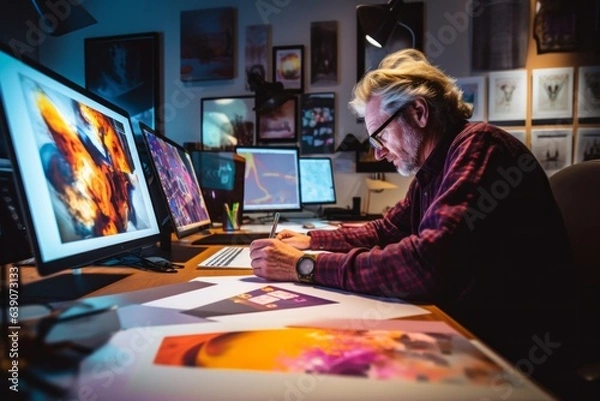 Obraz Group portrait photography of a skilled graphic designer creating a vibrant brand logo 