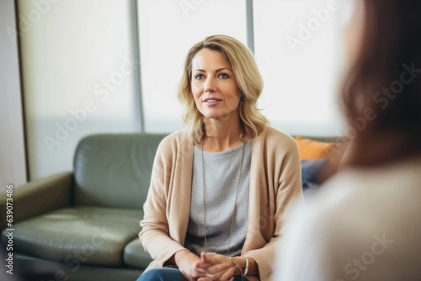 Obraz Portrait of smiling mature woman talking with psychologist during therapy session in office