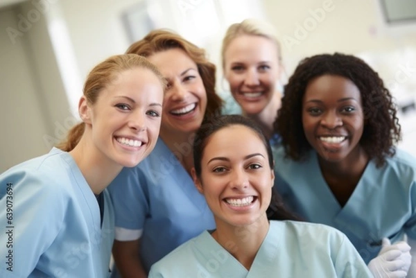 Fototapeta Portrait of group of smiling medical workers in the operating room at hospital