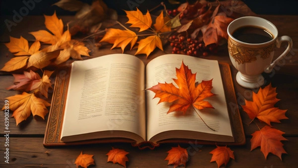 Fototapeta Autumn wallpaper of a table with an open book where leaves fall due to the arrival of autumn next to a cup of coffee.