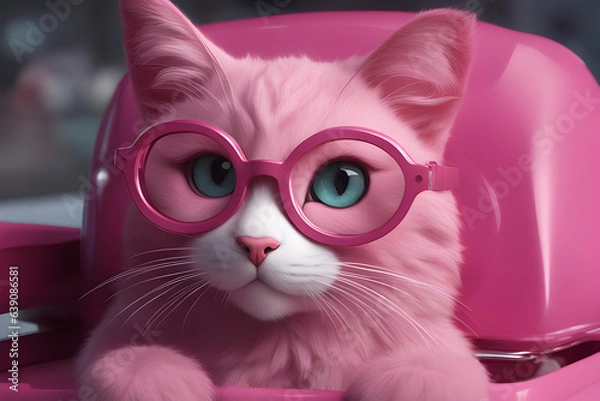 Fototapeta Digital art, pink cat with glasses, cute cat, big eyes and big waves, surreal, concept art, 4K, pink, cute, colorful, illustration,generative ai
